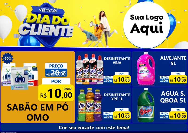 Modelo de Encarte para Encarte A4 Horizontal com o tema Especial Dia do Cliente para Produtos de Limpeza