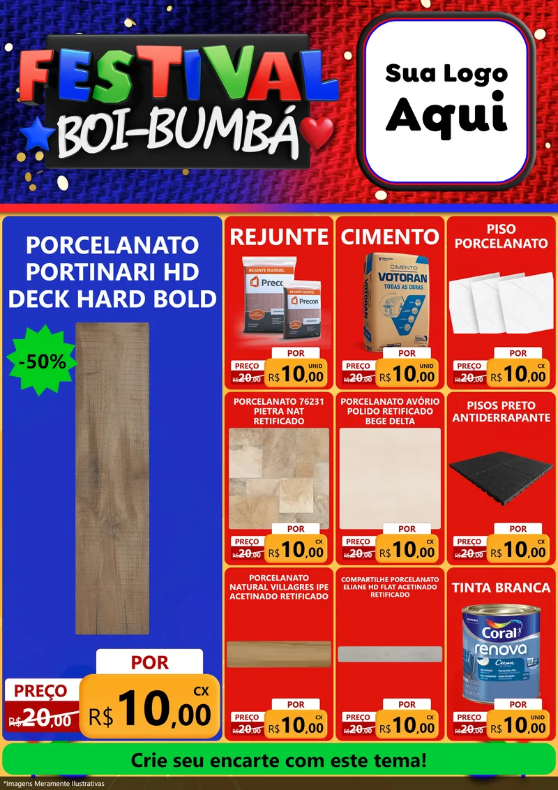 Modelo de Encarte para Encarte A4 Vertical com o tema Festival Boi-Bumbá para Pisos e revestimentos