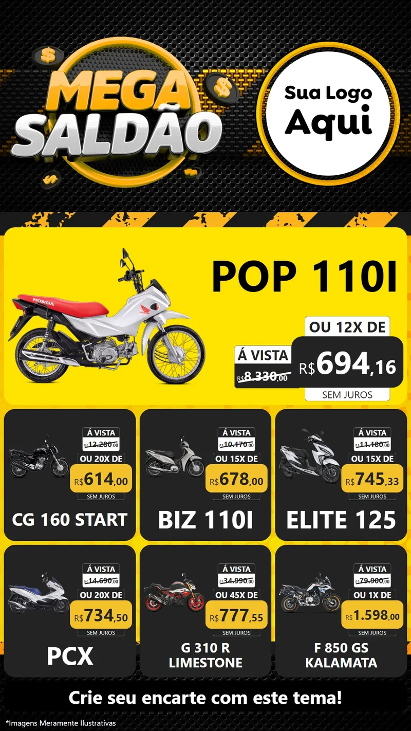 Modelo de Rede Social para Stories com o tema Mega Saldão para Concessionaria de Motos