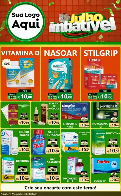 Modelo de Encarte para Encarte Grande com o tema Julho Imbatível para Farmácia