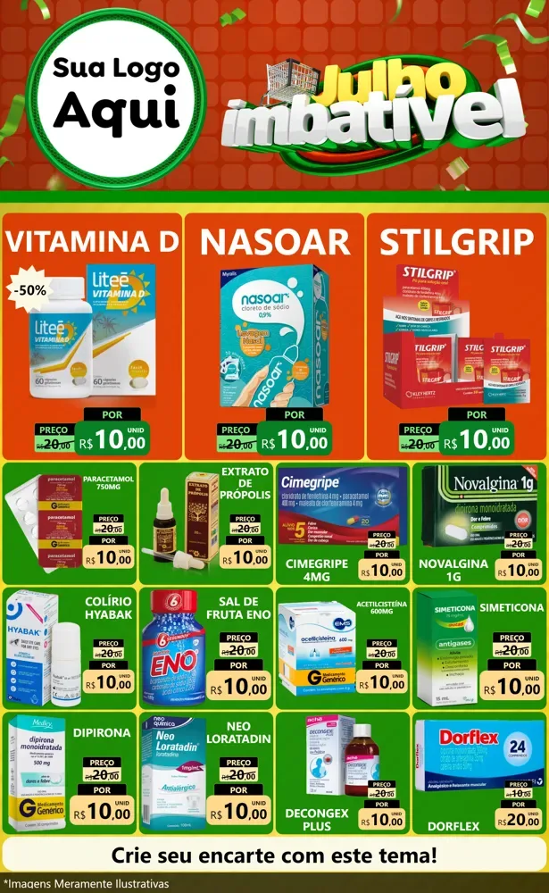 Modelo de Encarte para Encarte Grande com o tema Julho Imbatível para Farmácia