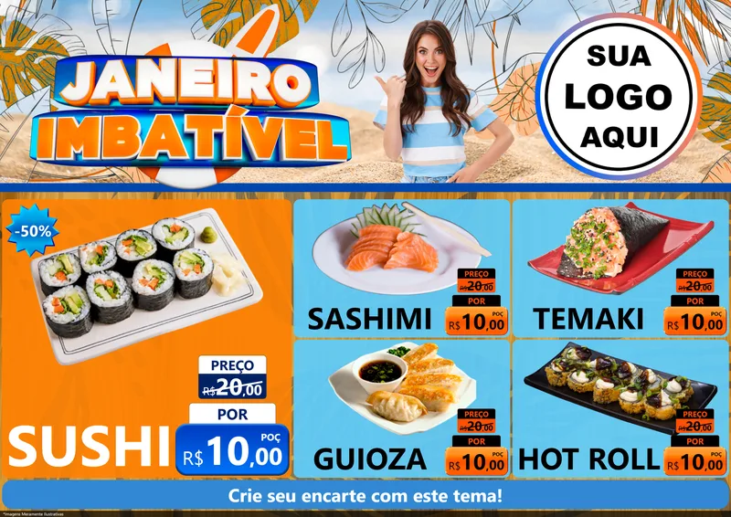Modelo de Encarte para Encarte A4 Horizontal com o tema Janeiro Imbatível para Comida japonesa