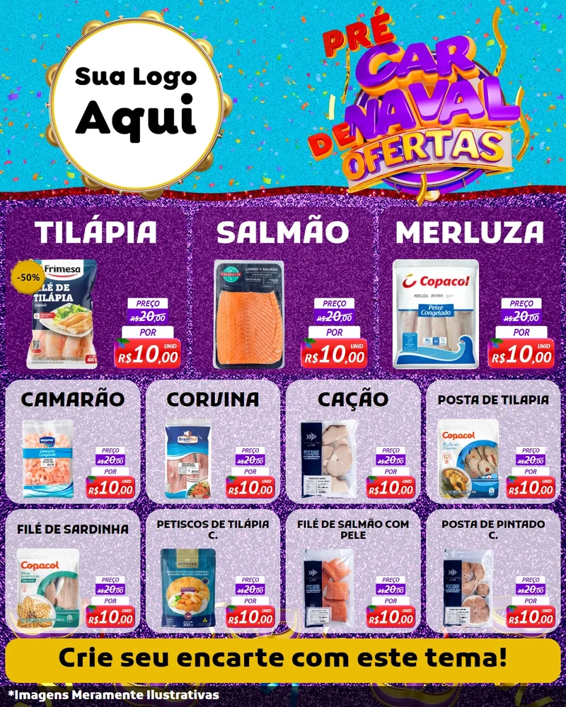 Modelo de Rede Social para Feed Instagram com o tema Pré Carnaval de Ofertas para Peixaria