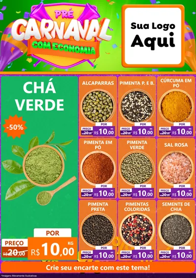 Modelo de Encarte para Encarte A4 Vertical com o tema Pré-Carnaval Com Economia para Produtos Naturais