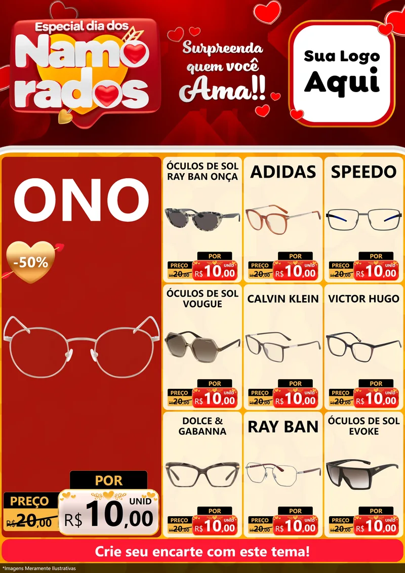 Modelo de Encarte para Encarte A4 Vertical com o tema Especial Dia dos Namorados para Óticas