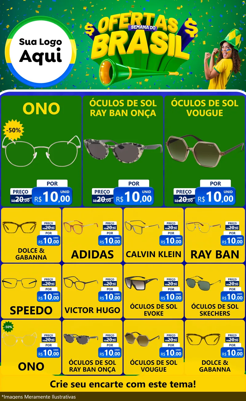 Modelo de Encarte para Encarte Grande com o tema Ofertas Semana do Brasil para Óticas