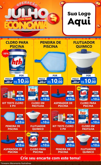 Modelo de Encarte para Encarte Grande com o tema Operação Julho Com Mais Economia para Produtos para Piscina