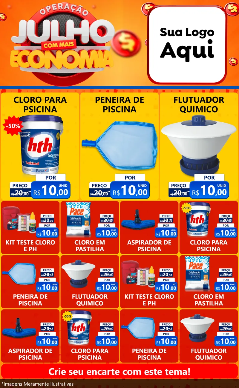Modelo de Encarte para Encarte Grande com o tema Operação Julho Com Mais Economia para Produtos para Piscina