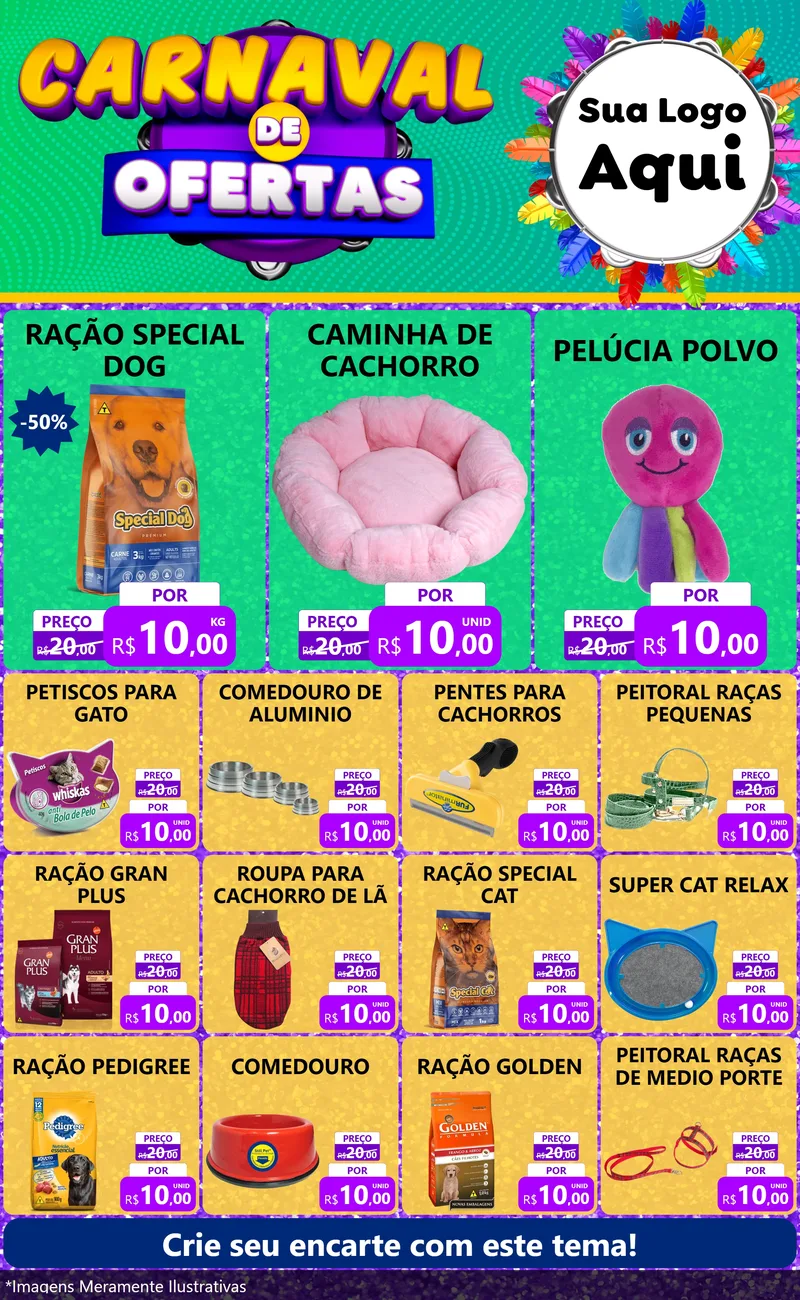 Modelo de Encarte para Encarte Grande com o tema Carnaval de Ofertas para Pet Shop