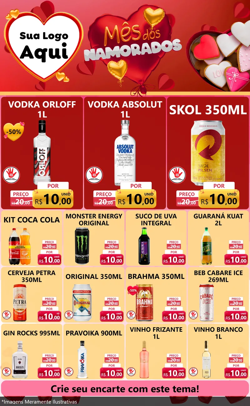 Modelo de Encarte para Encarte Grande com o tema Mês dos Namorados para Distribuidora de bebidas