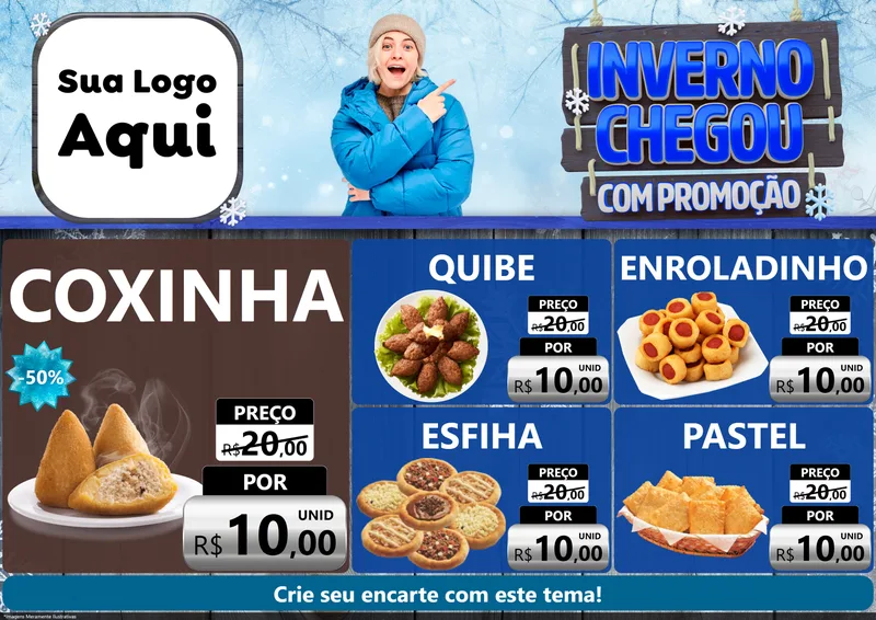 Modelo de Encarte para Encarte A4 Horizontal com o tema Inverno Chegou Com Promoção para Salgadaria