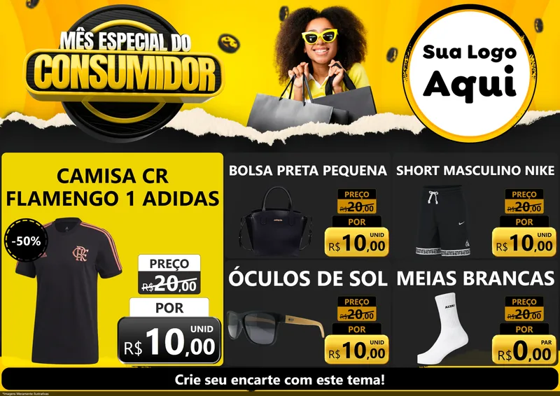Modelo de Encarte para Encarte A4 Horizontal com o tema Mês Especial do Consumidor para Roupas e acessórios