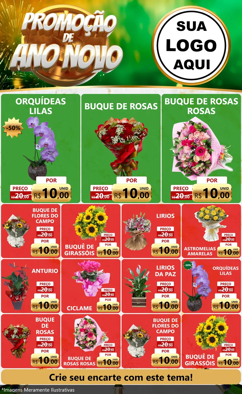 Modelo de Encarte para Encarte Grande com o tema Promoção de Ano Novo para Floricultura e jardim
