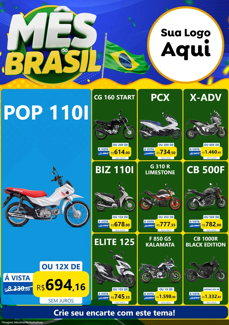 Modelo de Encarte para Encarte A4 Vertical com o tema Mês do Brasil para Concessionaria de Motos