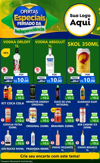 Modelo de Encarte para Encarte Grande com o tema Ofertas Especiais Feriado da Independência para Distribuidora de bebidas