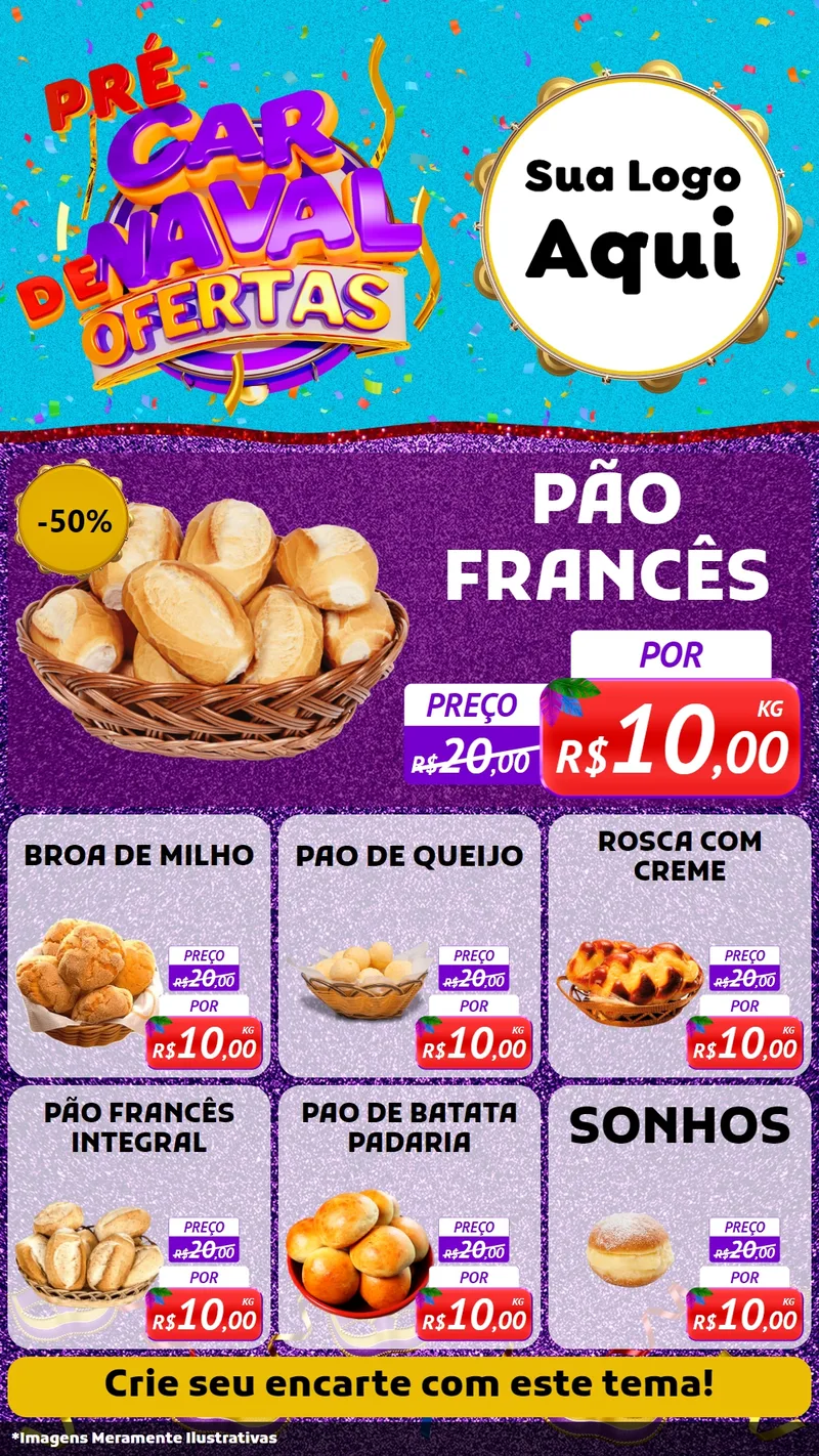 Modelo de Rede Social para Stories com o tema Pré Carnaval de Ofertas para Padaria