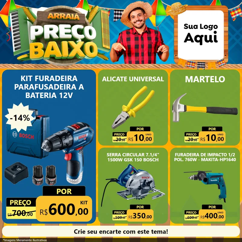 Modelo de Rede Social para Feed Facebook com o tema Arraiá de Preço Baixo - Junina para Maquinas e Ferramentas
