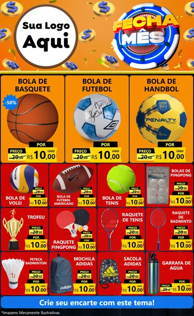 Modelo de Encarte para Encarte Grande com o tema Fecha Mês para Artigos Esportivos