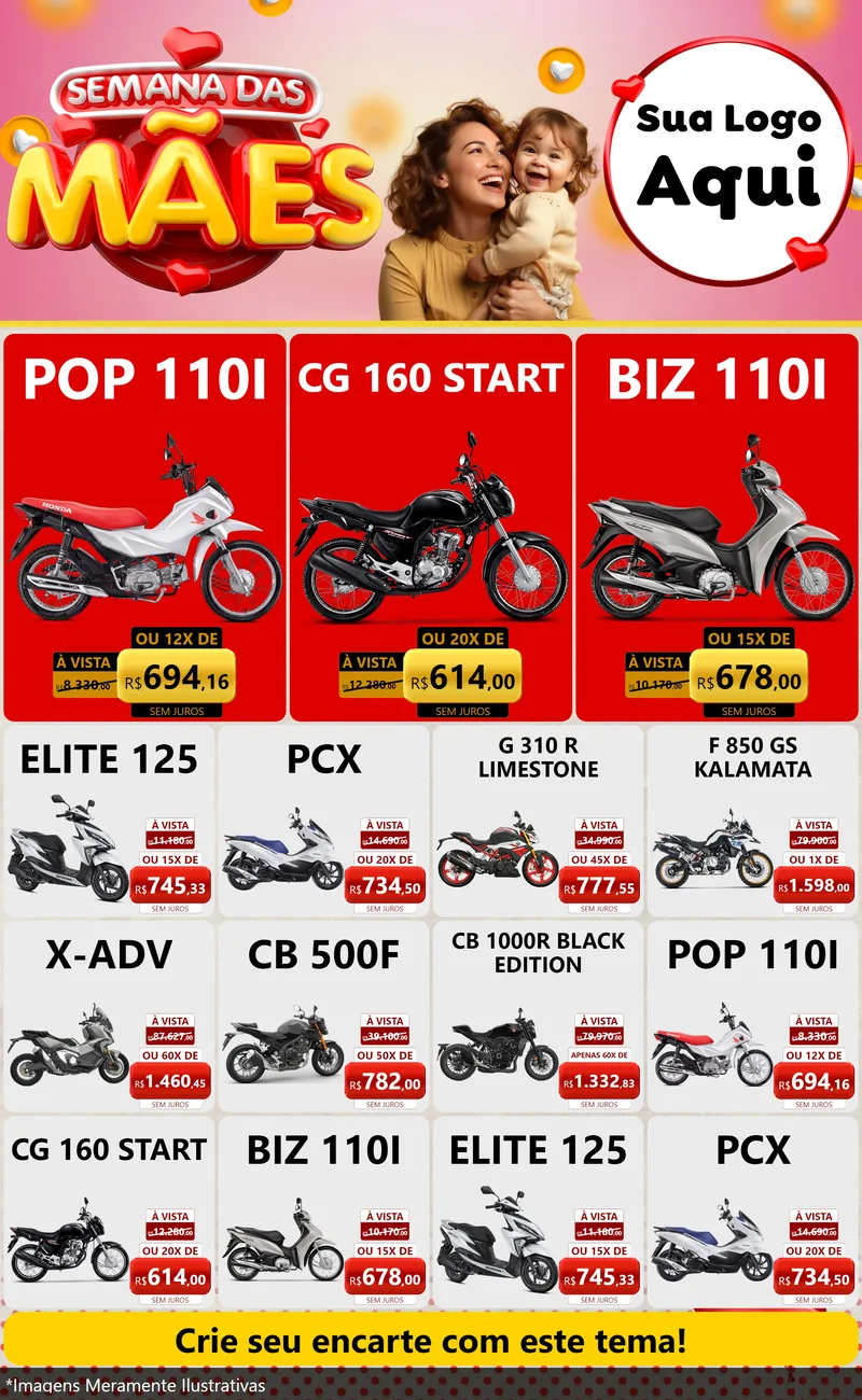 Modelo de Encarte para Encarte Grande com o tema Semana das Mães para Concessionaria de Motos