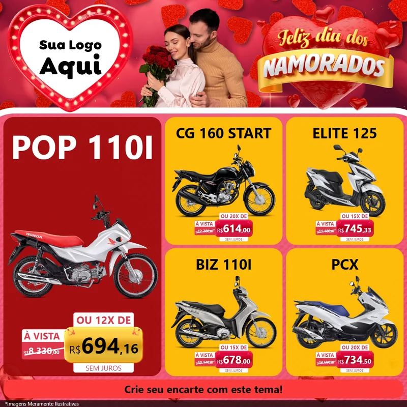 Modelo de Rede Social para Feed Facebook com o tema Feliz Dia Dos Namorados para Concessionaria de Motos