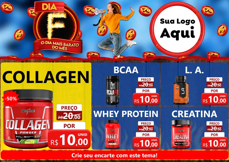 Modelo de Encarte para Encarte A4 Horizontal com o tema Dia F - O Dia Mais Barato Do Mês para Suplementos alimentares