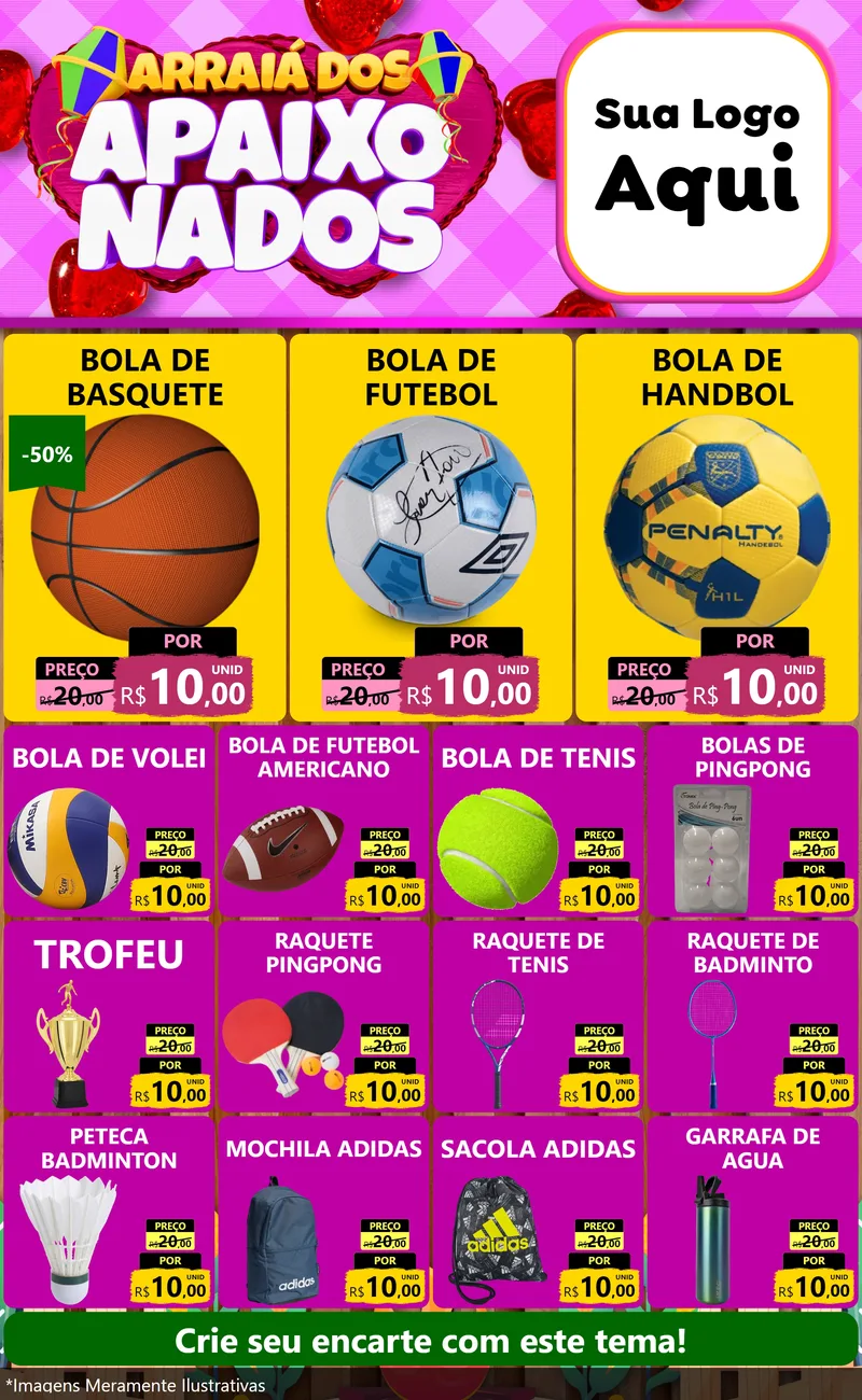 Modelo de Encarte para Encarte Grande com o tema Arraiá dos Apaixonados para Artigos Esportivos