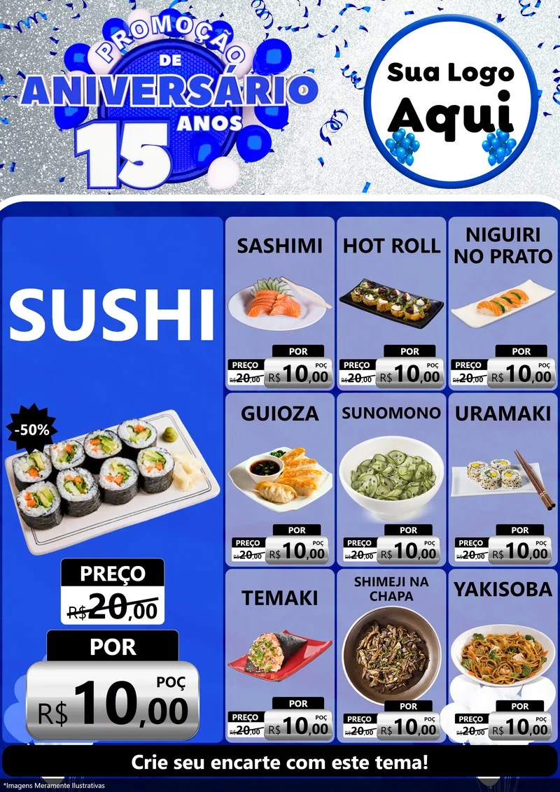 Modelo de Encarte para Encarte A4 Vertical com o tema Promoção de Aniversário - 15 Anos para Comida japonesa