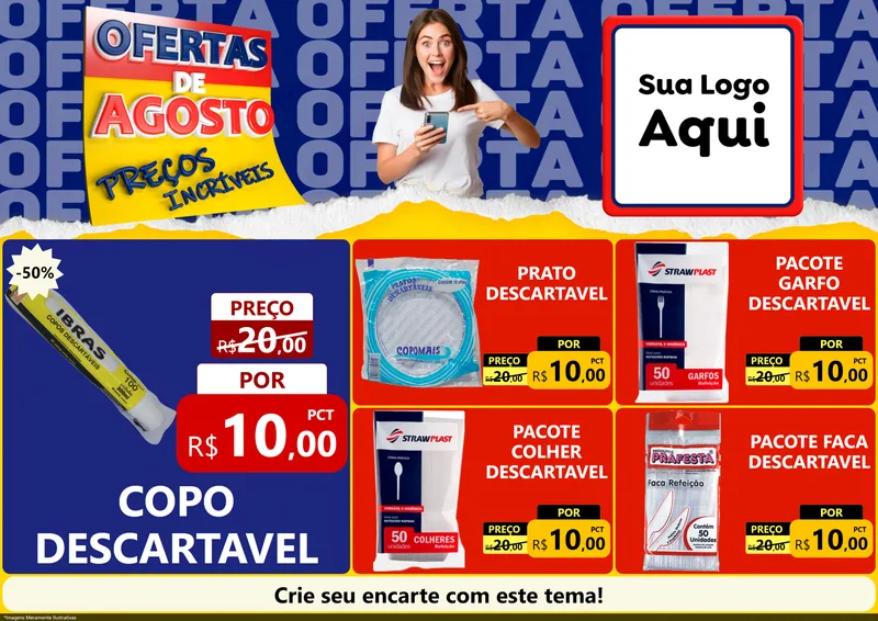 Modelo de Encarte para Encarte A4 Horizontal com o tema Ofertas de Agosto - Preços Incríveis para Embalagens
