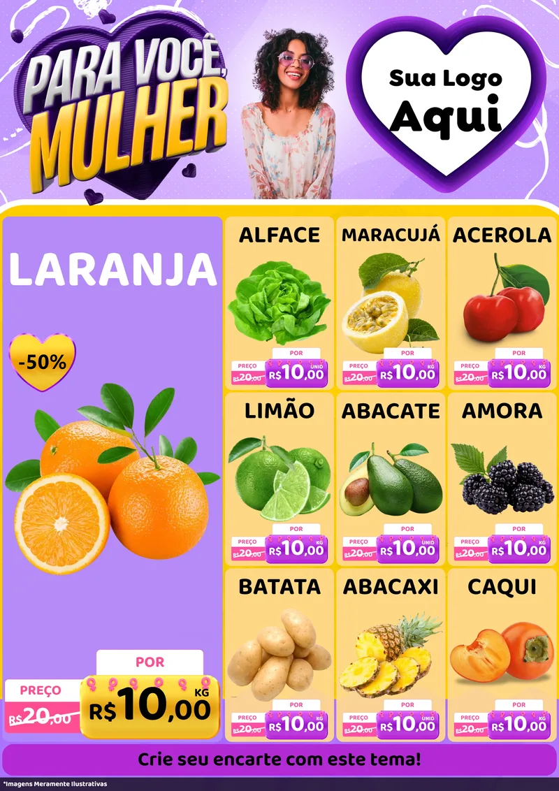 Modelo de Encarte para Encarte A4 Vertical com o tema Para Você, Mulher para Hortifrúti
