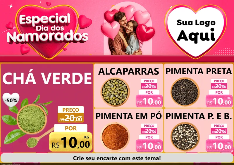 Modelo de Encarte para Encarte A4 Horizontal com o tema Especial Dia dos Namorados para Produtos Naturais