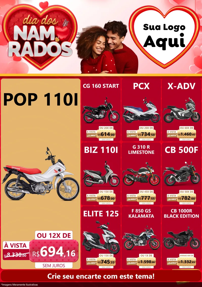Modelo de Encarte para Encarte A4 Vertical com o tema Dia dos Namorados para Concessionaria de Motos