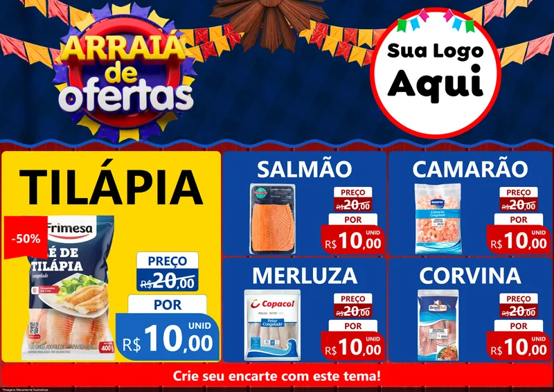 Modelo de Encarte para Encarte A4 Horizontal com o tema Arraiá de Ofertas para Peixaria