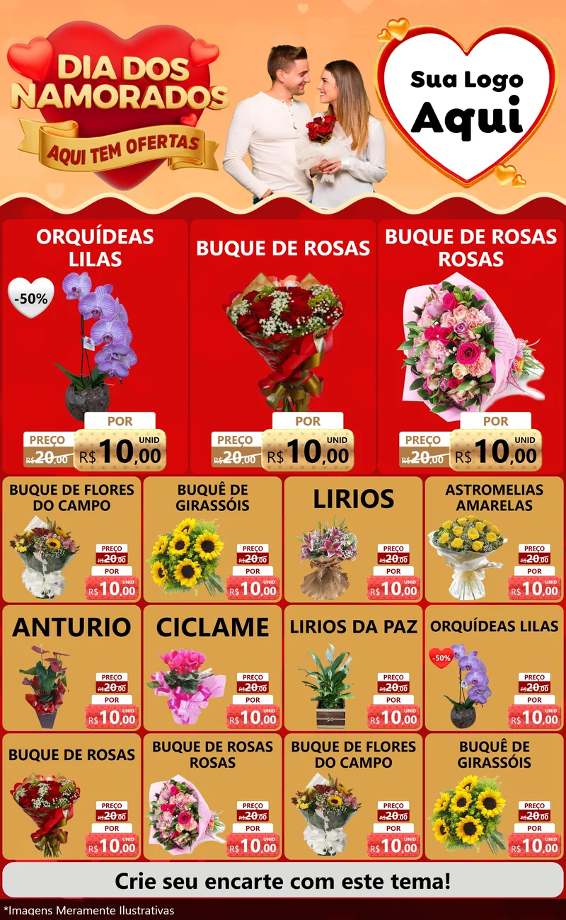 Modelo de Encarte para Encarte Grande com o tema Dia dos Namorados - Aqui Tem Ofertas para Floricultura e jardim