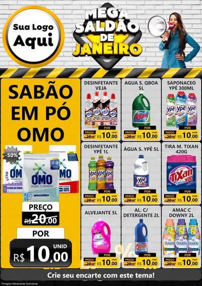 Modelo de Encarte para Encarte A4 Vertical com o tema Mega Saldão de Janeiro para Produtos de Limpeza