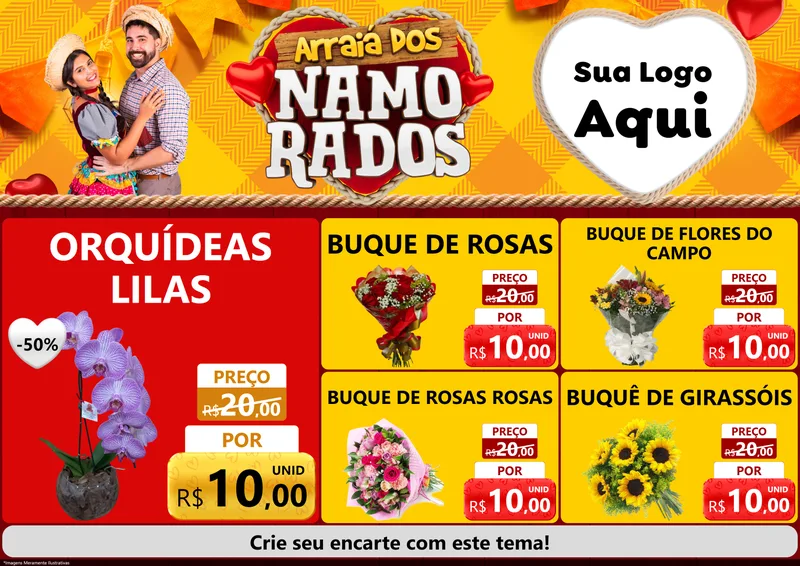 Modelo de Encarte para Encarte A4 Horizontal com o tema Arraiá dos Namorados para Floricultura e jardim