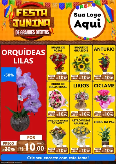 Modelo de Encarte para Encarte A4 Vertical com o tema Festa Junina de Grandes Ofertas para Floricultura e jardim