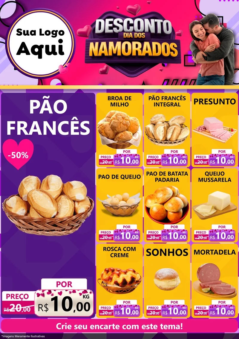 Modelo de Encarte para Encarte A4 Vertical com o tema Desconto Dia dos Namorados para Padaria
