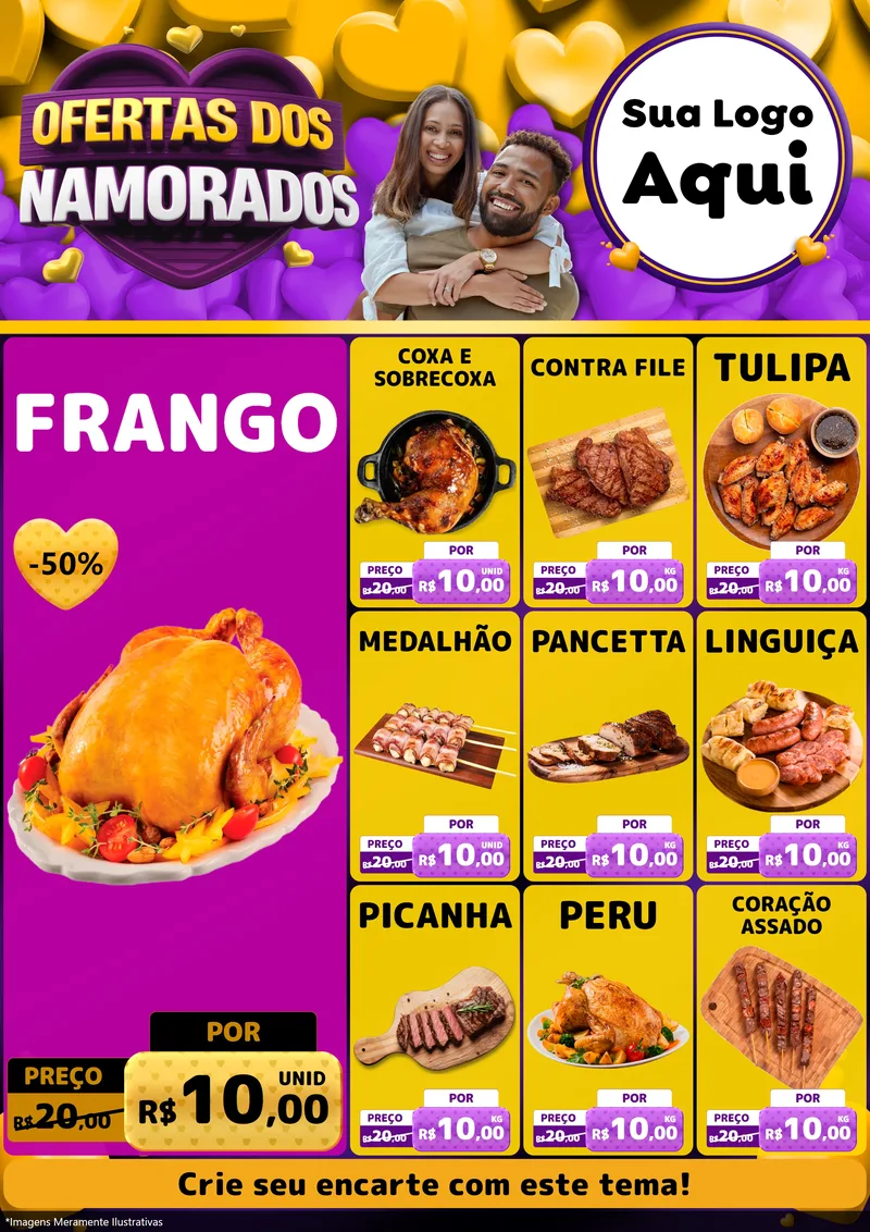 Modelo de Encarte para Encarte A4 Vertical com o tema Oferta Dos Namorados para Assados