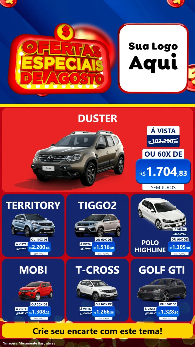 Modelo de Rede Social para Stories com o tema Ofertas Especiais de Agosto para Concessionaria de Carros
