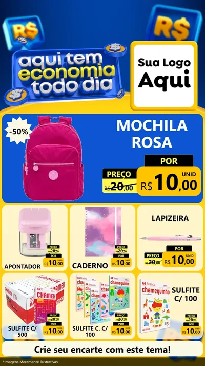 Modelo de Rede Social para Stories com o tema Aqui Tem Economia Todo Dia para Papelaria