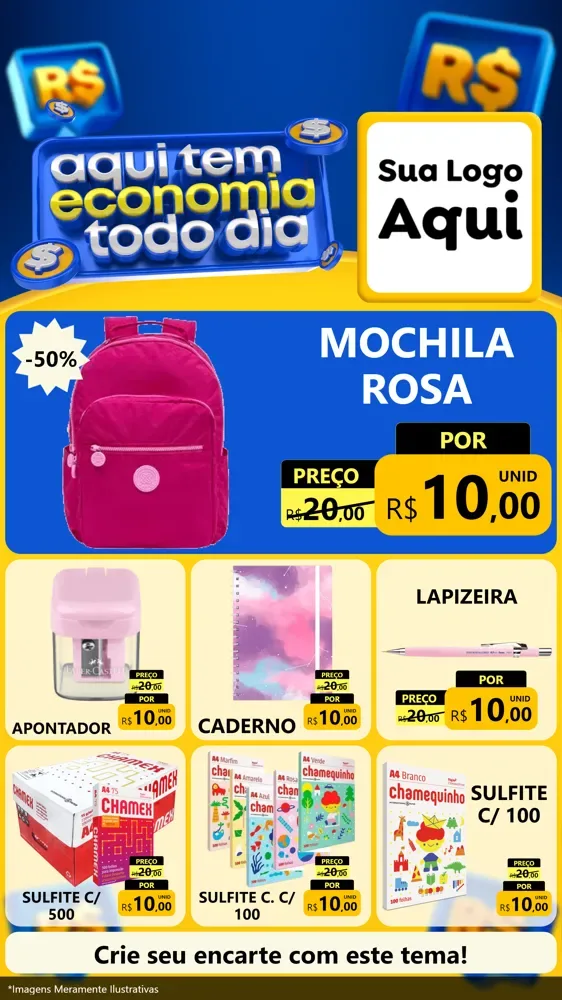 Modelo de Rede Social para Stories com o tema Aqui Tem Economia Todo Dia para Papelaria