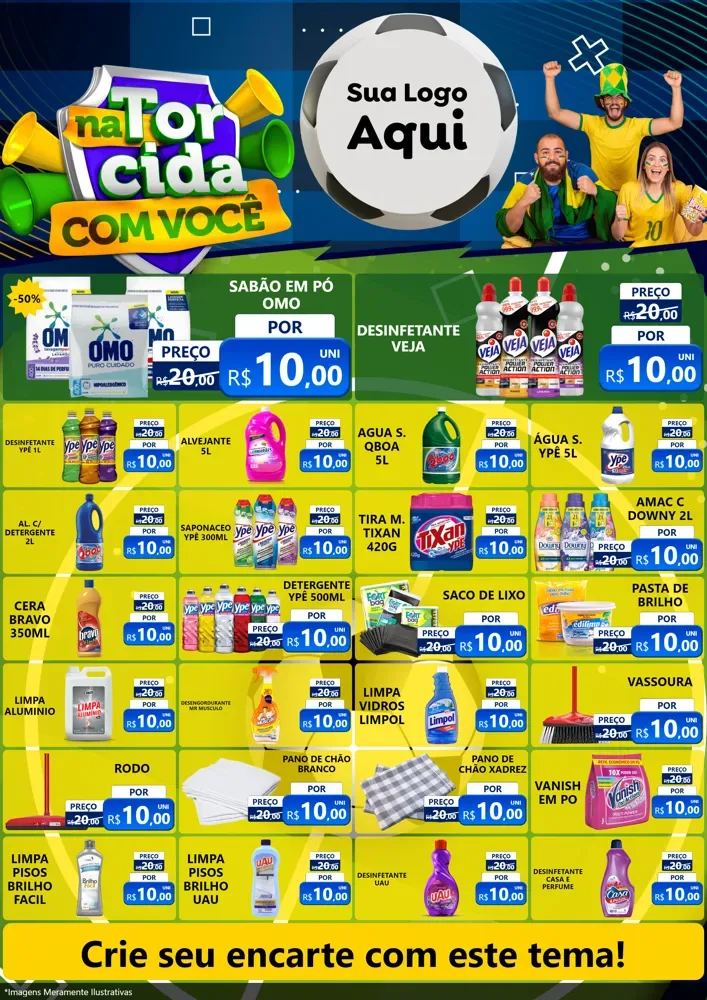 Modelo de Encarte para Encarte A4 Vertical com o tema Na Torcida Com Você - Copa para Produtos de Limpeza