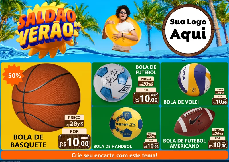 Modelo de Encarte para Encarte A4 Horizontal com o tema Saldão de Verão para Artigos Esportivos