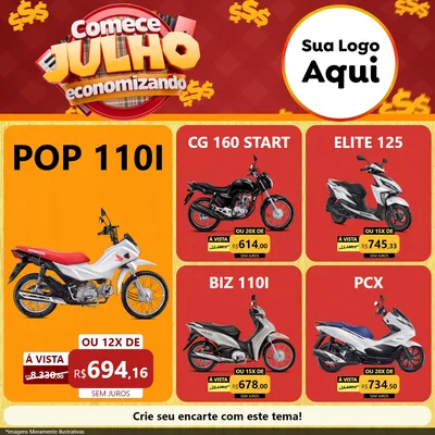 Modelo de Rede Social para Feed Facebook com o tema Comece Julho Economizando para Concessionaria de Motos