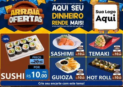 Modelo de Encarte para Encarte A4 Horizontal com o tema Arraiá de Ofertas - Junina para Comida japonesa