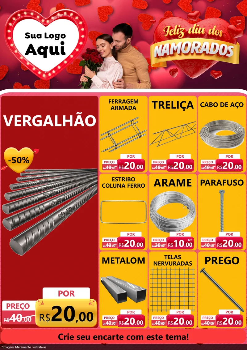 Modelo de Encarte para Encarte A4 Vertical com o tema Feliz Dia Dos Namorados para Ferragens