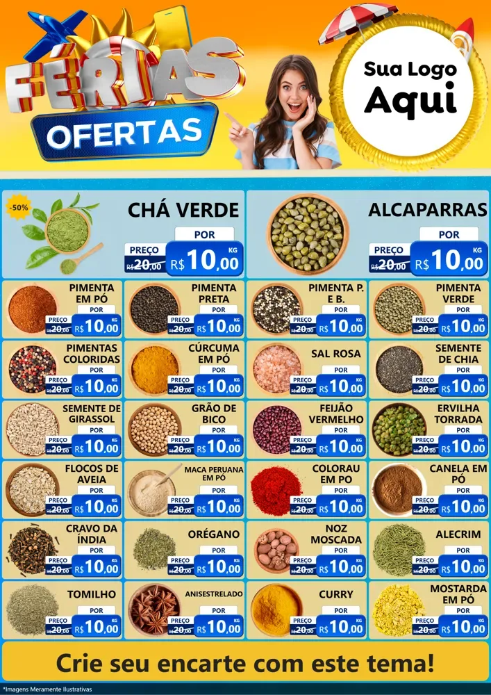 Modelo de Encarte para Encarte A4 Vertical com o tema Ofertas - Férias para Produtos Naturais