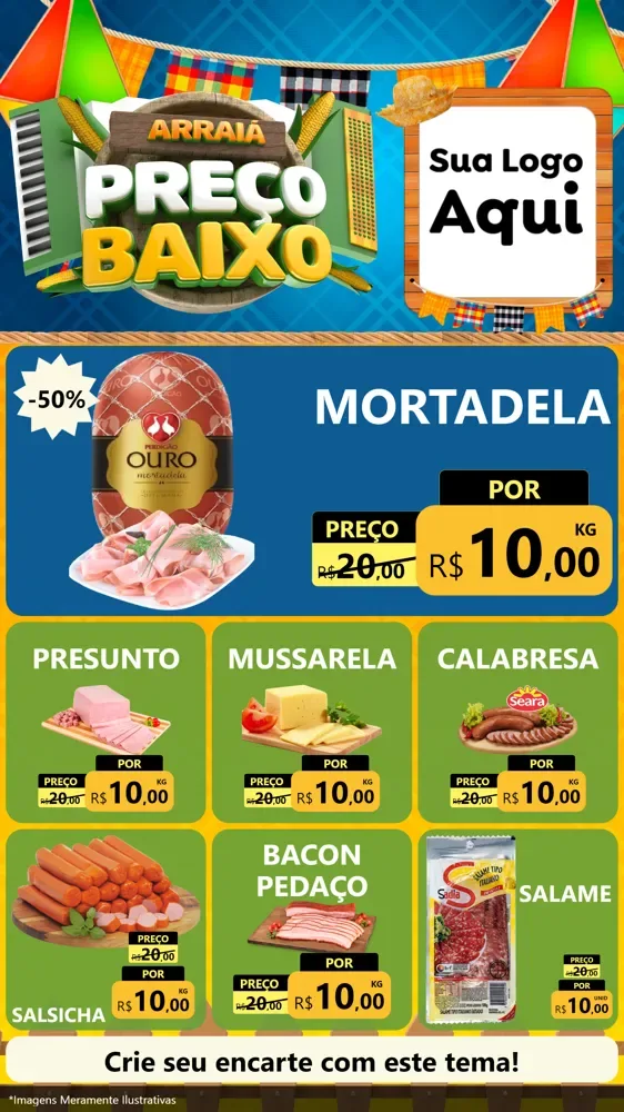 Modelo de Rede Social para Stories com o tema Arraiá de Preço Baixo - Junina para Frios e Laticínios