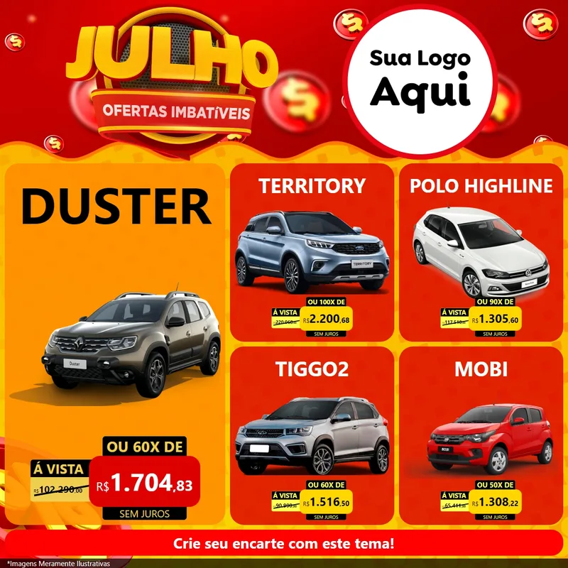 Modelo de Rede Social para Feed Facebook com o tema Julho Ofertas Imbatíveis para Concessionaria de Carros
