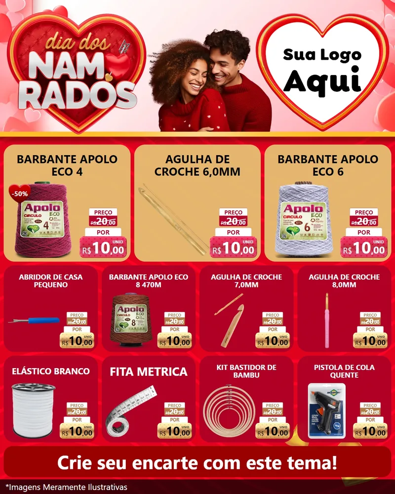 Modelo de Rede Social para Feed Instagram com o tema Dia dos Namorados para Armarinho e Aviamentos